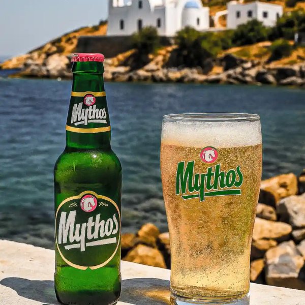 bière mythos à la plage